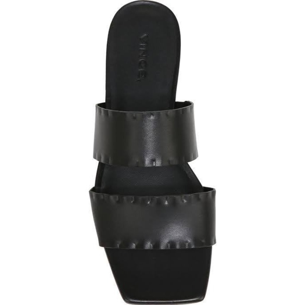 Vince Black Leather Scalloped Double Strap Square Toe Slide Sandals 7.5 M EUR 38